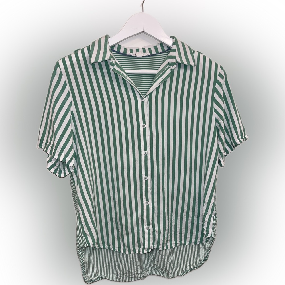 Jane and Delancey Green and White Striped Button Down Shirt